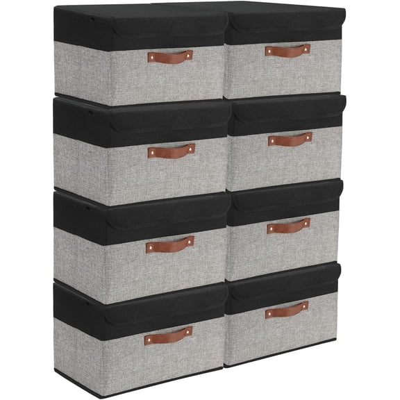 8 Pack Linen Foldable Storage Box Containers Fabric Bins with Lids Storage Baskets for Shelves Drawers, Desktop, Closet, Classroom, Office, Bedroom, Home, Garage (Black&Grey)