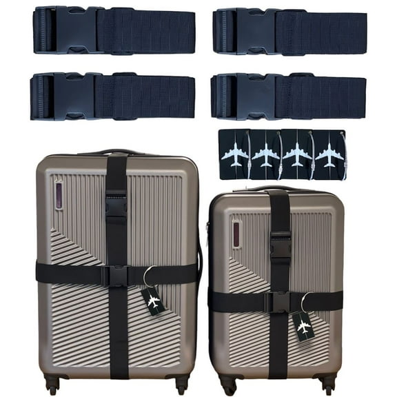 8 Pack Luggage Set, 4 Pack Straps and 4 Pack ID Tags, Adjustable Heavy-Duty 79" Secure Travel Suitcase Belts