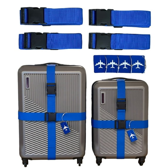8 Pack Luggage Set, 4 Pack Straps and 4 Pack ID Tags, Adjustable Heavy-Duty 79" Secure Travel Suitcase Belts