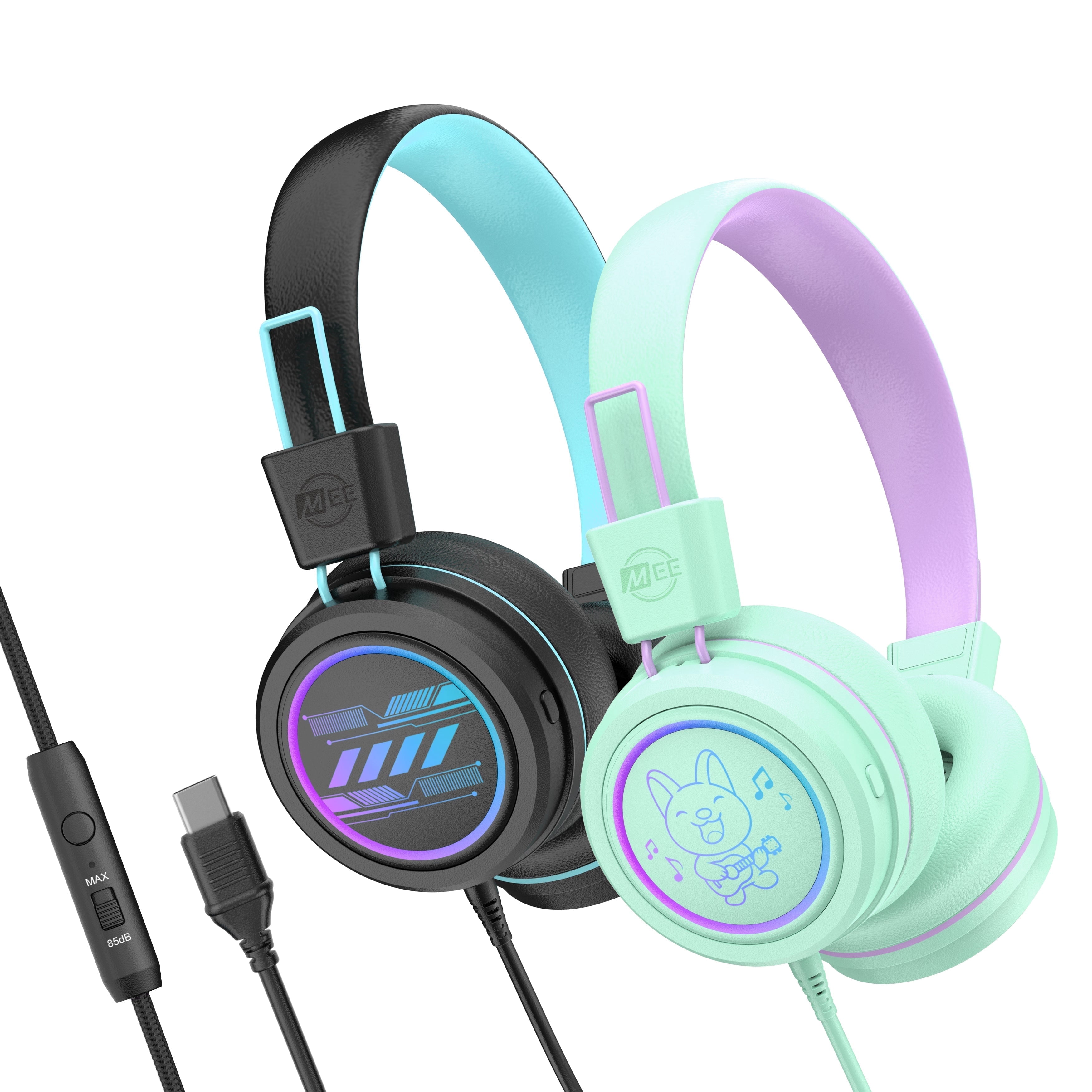 2 Pack Multicolor MEE audio KidJamz KJ55 Safe Listening USB-C Kids Headphones with LED Lights for Boys and Girls / Students / School / Library / Classroom