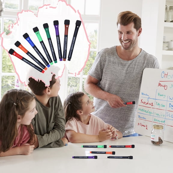 8-Pack Magnetic Dry Erase Markers, Fine Tip with Built-in Sponge Eraser & Magnetic Cap for Whiteboards, Glass Boards & Office Planning, Assorted Colors (5.43" Length)