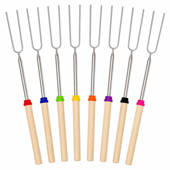 8 Pack Marshmallow Roasting Sticks, 32 Inch Extendable Stainless Steel Smores Sticks with Wooden Handles, Telescoping BBQ Forks for Campfire, Fire Pit, Hot Dogs, Sausages and Camping