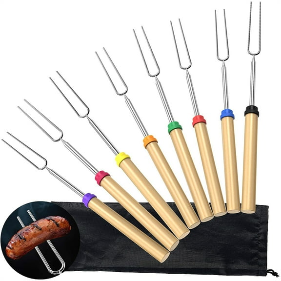 8 Pack Marshmallow Roasting Sticks, MesaSe Roasting Sticks with Wooden Handle 32 Inch Extendable BBQ Forks Telescoping Smores Sticks for Fire Pit, Campfire