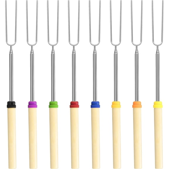 8 Pack Marshmallow Roasting Sticks Set, Extendable 32in Long Metal Barbecue Skewers with Wooden Handle, for Marshmallow, Hot Dogs, Camping, BBQ, Grill