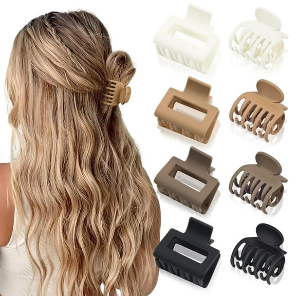 8 Pack Medium Small Hair Clips Set 2"" Rectangle and 1.6"" Double Row Teeth Hair Claw Clips for Thin Short Hair Matte Hair Clips Hair Accessories for Women Girls, Beige, Brown, Khaki, Black