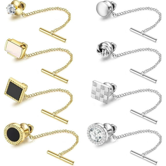 8 Pack Men Regular Ties Tie Buckle Suit Pins with Chain Brooches Fashion Accessories