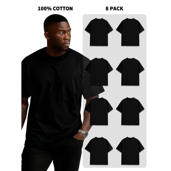 8-Pack Men's 100% Cotton Crew Neck Short-Sleeve T-Shirts, 180g, 1.5% Shrinkage Rate, Bulk