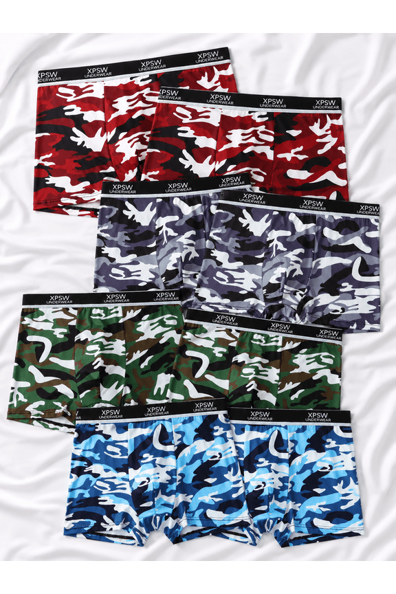 8 Pack Men's Camo Boxer Briefs, 93% Polyester 7% Spandex, XPSW Waistband, 4 Camouflage Colors, Breathable Stretch, Moisture-Wicking Underwear, S-XXL