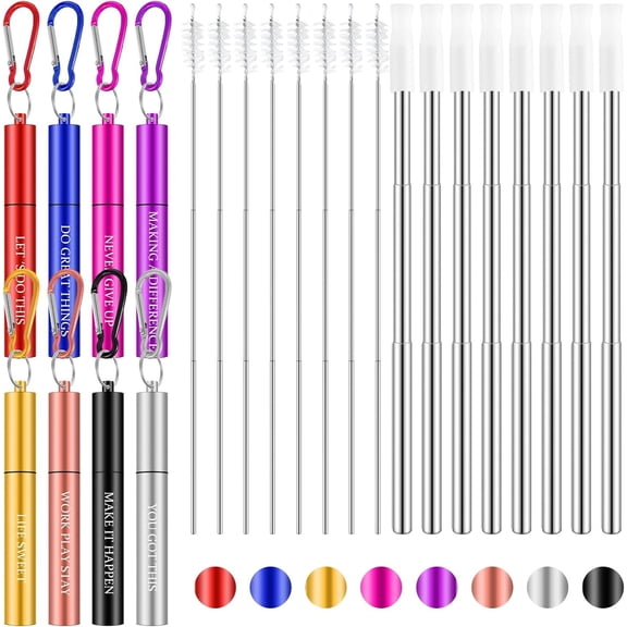 8 Pack Metal Collapsible Travel Straws Portable Stainless Steel Drinking Foldable Cruise Straw with Tip, Cleaning Brushes, for Travel Work Cruise Ship(Stylish Style)