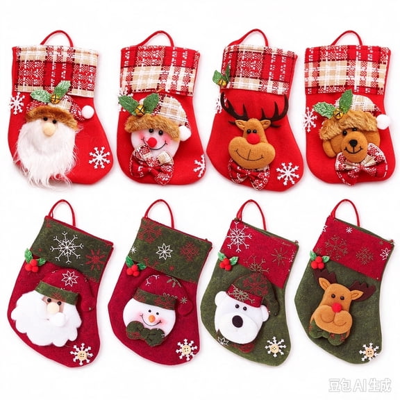 8 Pack Mini Christmas Stockings, 3D Applique Xmas Stocking Ornaments, 169cm Polyester Small Gift Candy Bag for Christmas Tree Fireplace Home Holiday Decor
