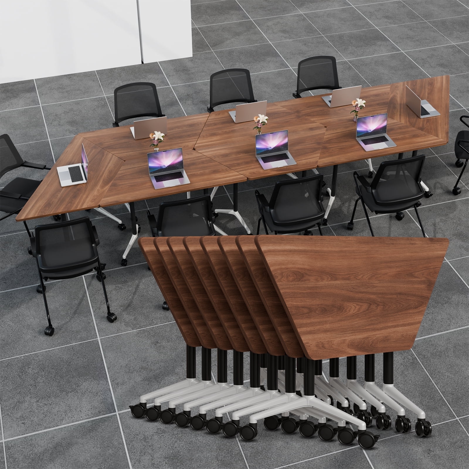 8 Pack Modular Conference Table, 47.2 Inch Walnut Folding Training Room ...