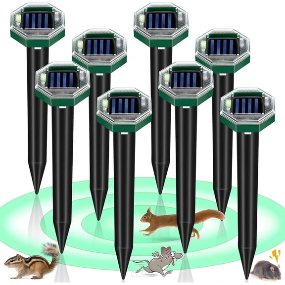 8 Pack Mole Repelent Solar Powered, Ultrasonic Animal Deterrent for Chipmunk, Vole, Gopher, Groundhog, Snake, Rabbit, Raccoon, Skunk, Deer Repeller for Garden Yard Lawn
