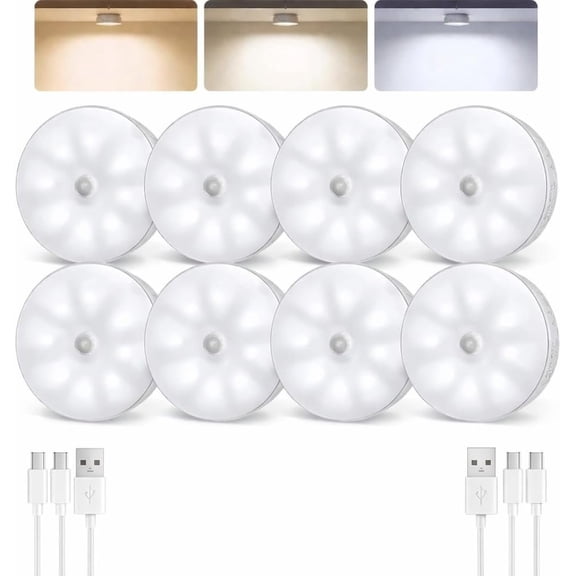 8 Pack Motion Sensor Closet Lights, 1200mAh Rechargeable Under Cabinet Lights, Night Lights, Puck Lights, Dimmable, 3 Color Temps, , Stick- for Kitchen, Stairs, Closet