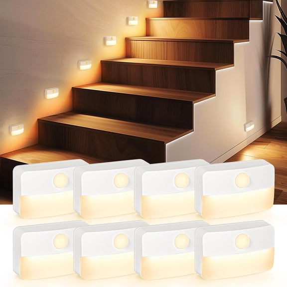 8 Pack Motion Sensor Stair Light Indoor, Battery Operated Night Lights | Automatic, Wireless, Stick on Anywhere Portable LED Lamp for Step Toilet Hallway Bedroom Under Cabinet Closet Wall Kitchen