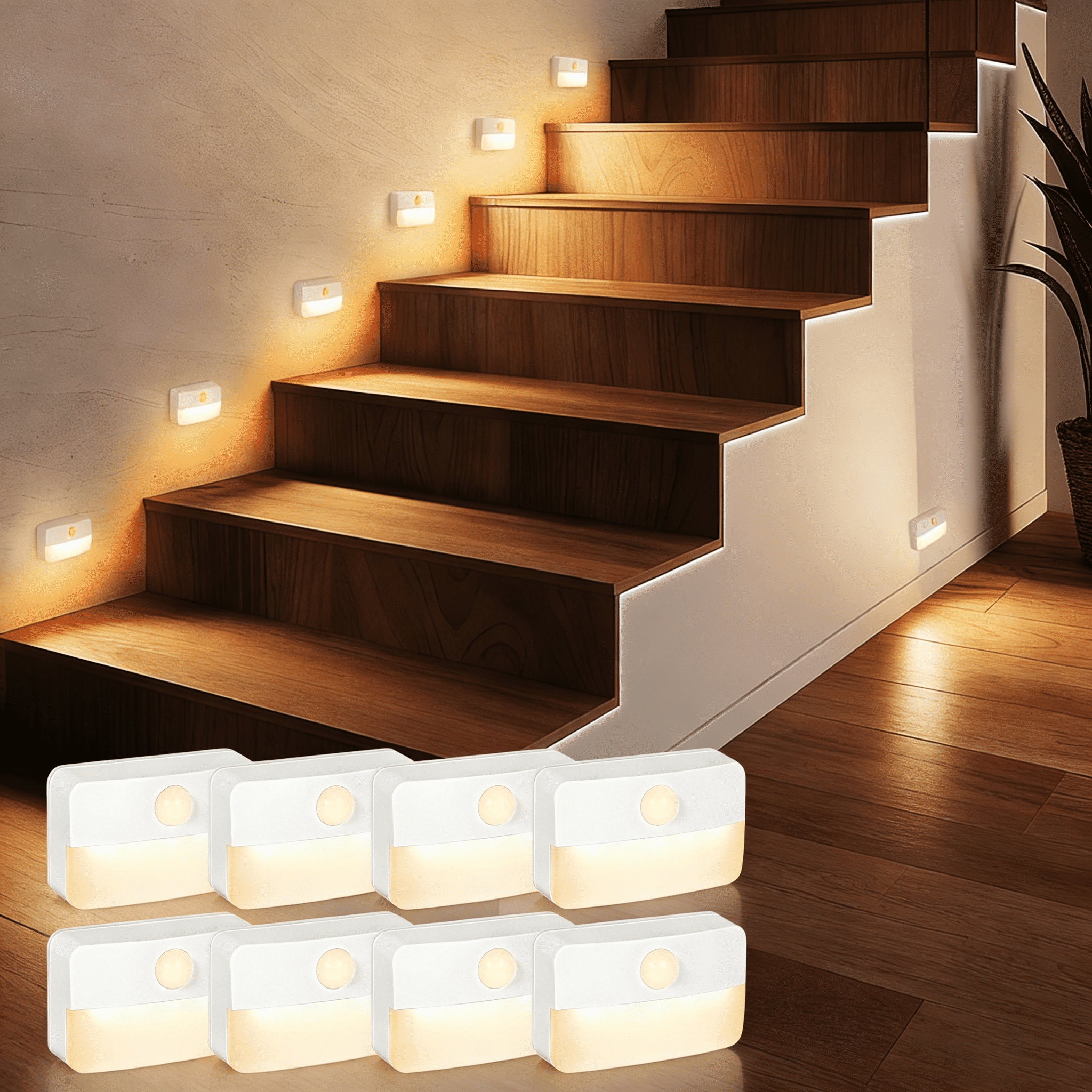8 Pack Motion Sensor Stair Lights, Battery Operated Hallway Lights, Wireless Sensor Night Lights for Bedroom Cabinet Hallway