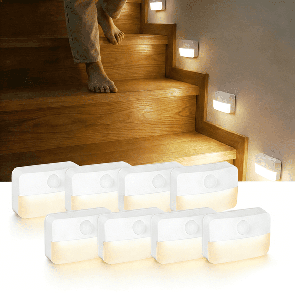 8 Pack Motion Sensor Stair Lights, Battery Operated Hallway Lights, Wireless Sensor Night Lights for Bedroom Cabinet Hallway