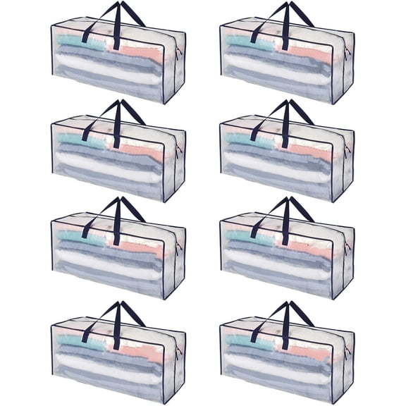 8 Pack Moving Bags w/Backpack Straps, Heavy Duty, Moving Boxes Alternative, Packing Supplies, Large Storage Totes for Dorm Room Essentials with Zipper for Clothes (Clear, 8 Pack)