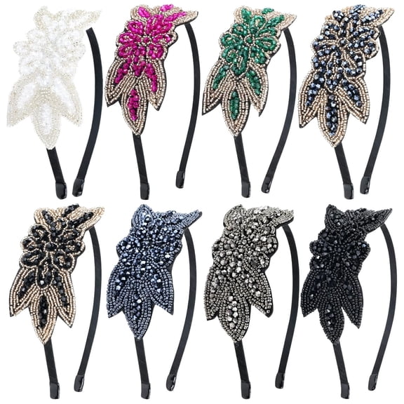 8 Pack Multi Color Beaded Flower Headbands Rhinestone Elastic Hair Hoops for Women Girls