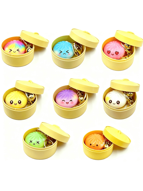 8 Pack Mystery Squishy Bun Keychain Set, Mini Steamer Box Slow Rising Stress Relief Fidget Keychains with Bell, Random Dumpling Charms, Holiday Birthday Gifts (Random Color)