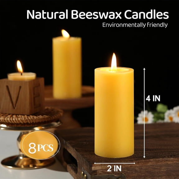 8 Pack Natural Beeswax Pillar Candles
