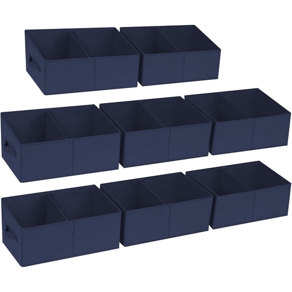 8-Pack Navy Blue Large Fabric Trapezoid Storage Baskets with Handles and Divider, Foldable Clothes Organizer Bins for Shelves