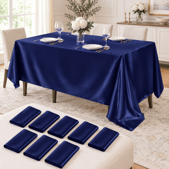 8 Pack Navy Blue Satin Tablecloth 102 x 58 Inch Decorative Table Cover ...