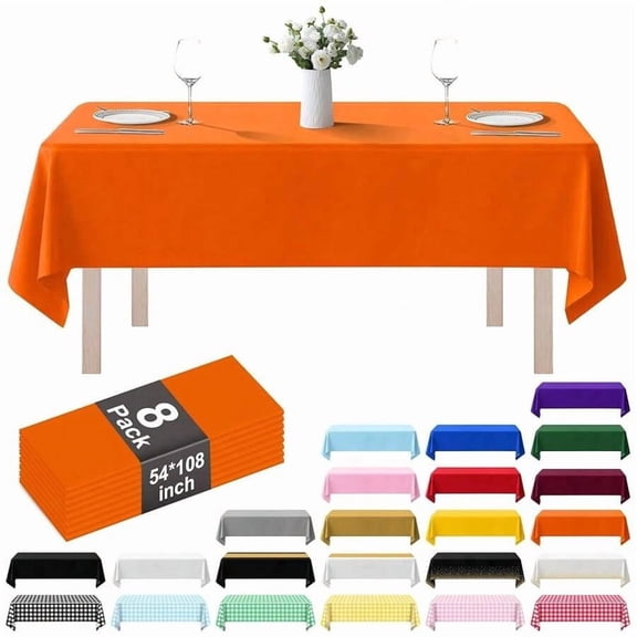 8 Pack Orange Solid Plastic Tablecloth 54x108 Inch Rectangular Disposable Table Cover For Parties Events