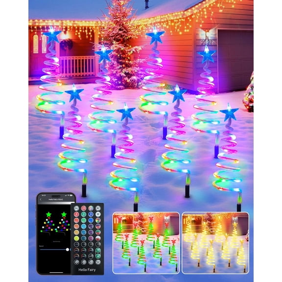 8 Pack Outdoor Christmas Pathway Lights Smart Multicolor Spiral Xmas Trees Lights with APP Remote DIY Timer Waterproof 60LEDs Christmas Decorations Pathway Lights for Outside Sidewalk Garden
