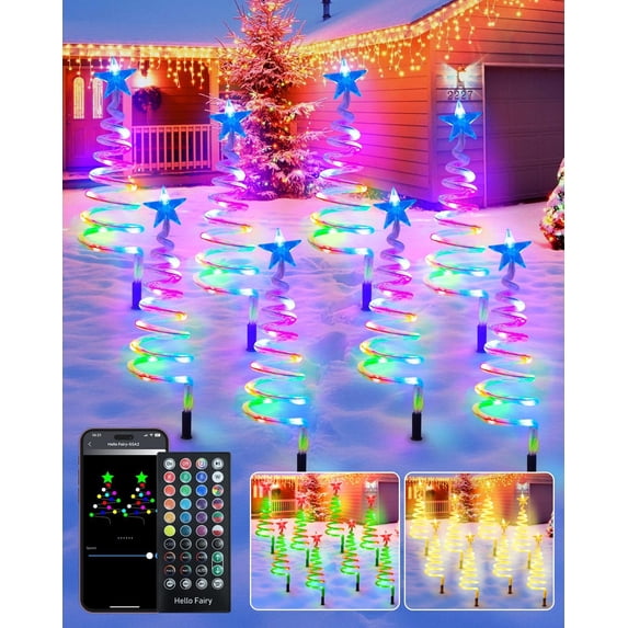 8 Pack Outdoor Christmas Pathway Lights Smart Multicolor Spiral Xmas Trees Lights with APP Remote DIY Timer Waterproof 60LEDs Christmas Decorations Pathway Lights for Outside Sidewalk Garden