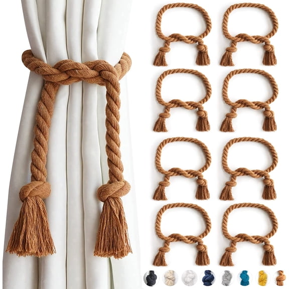 8 Pack Outdoor Curtain Tiebacks Rope, Natural Cotton Curtain Holders, Village Rural Rustic Curtain Holdbacks, Farmhouse Nautical Curtain Rope Tie Back for Drapery Patio, (Coffee)