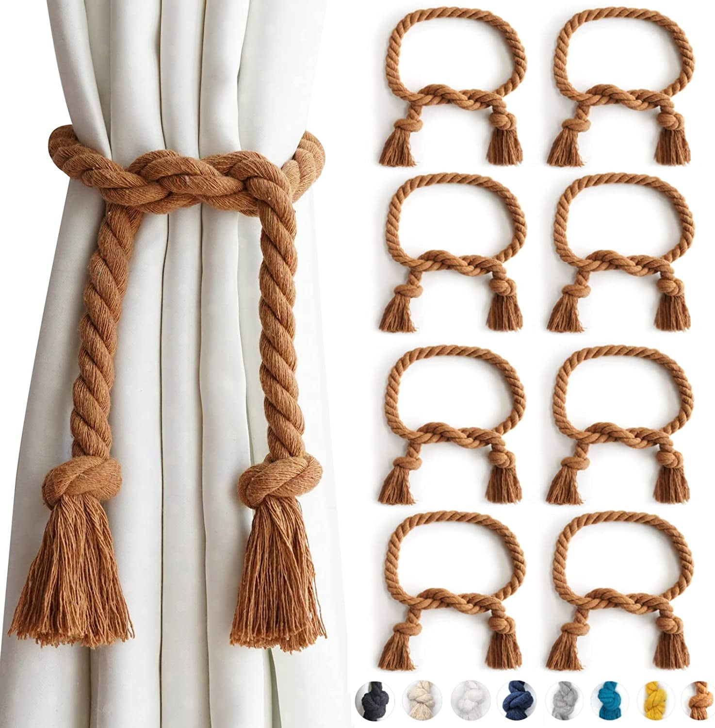 Coiled Rope Drapery 8 Pack Outdoor Curtain Tiebacks Rope, Natural Cotton Curtain Holders ...