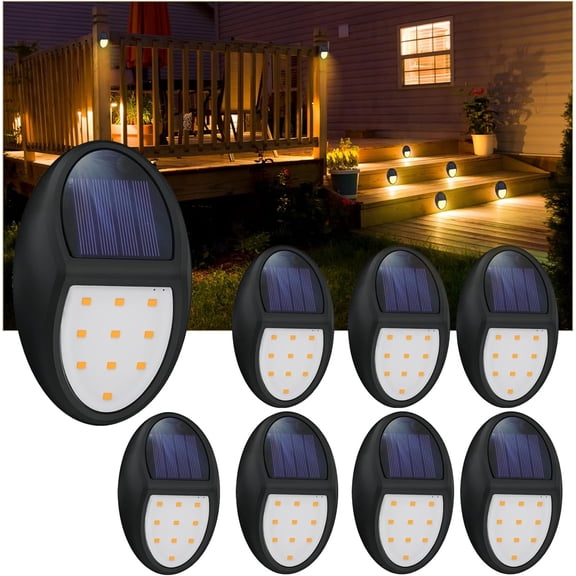 8 Pack Outdoor Fence Solar Lights, IP68 Waterproof Solar Step Lamps, for Backyard, Garden, Pathway, Porch, Patio, Driveway, Walkway, Railing - Yellow Light