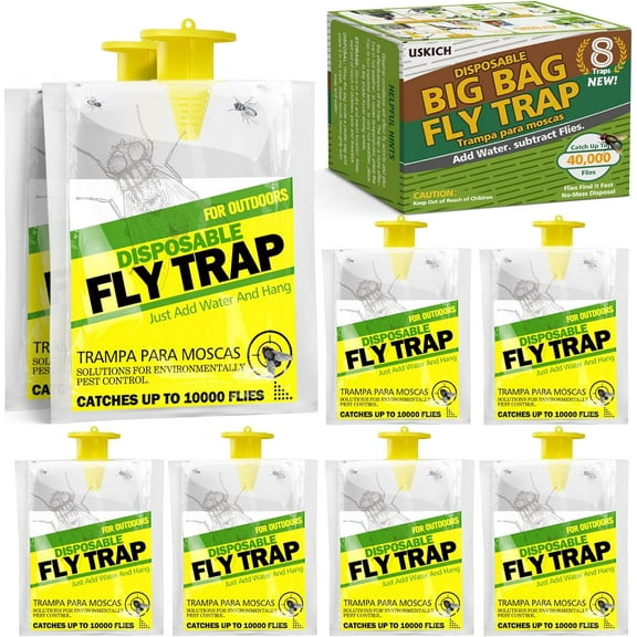 8 Pack Outdoor Hanging Fly Traps, Disposable Flies Killer Trap Bag Catcher with Natural Attractant Bait Bug Catcher and Flying Insect Trap for Outdoor Family Farm Park Orchard Garden