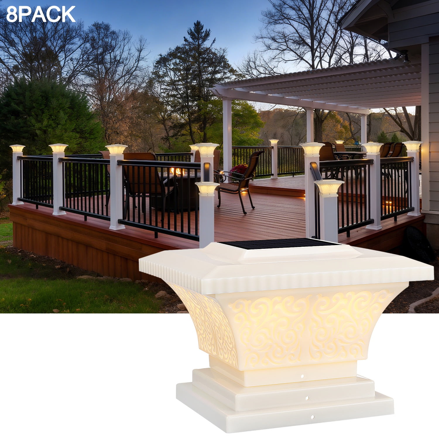 8 Pack Solar Post Lights, IP65 Waterproof Outdoor Post Cap Light for Fence Deck, Patio, Garden, Creamy White Finish