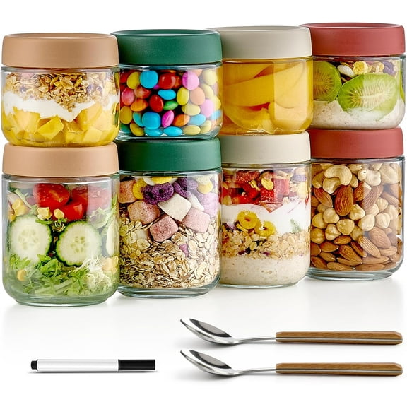 8 Pack Overnight Oats Containers with , Large & Small Glass Mason Jars 16oz & 10 oz, Breakfast Oatmeal Container to Go, Salad Meal Prep Jars for  Storage, Mush  Seed Pudding Jars