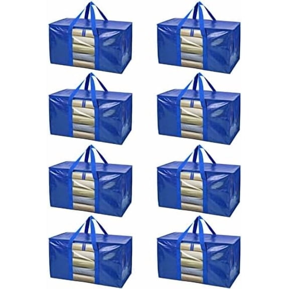 8-Pack Oversized Moving Bags with Reinforced Handles, Heavy-Duty Storage Tote Moving Supplies for Packaging, Camping (Blue w/Window, 8-Pack)