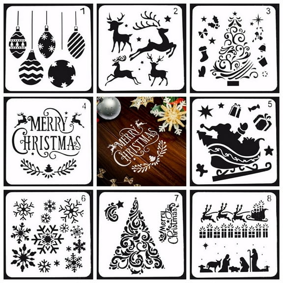 8 Pack Painting Stencils Reusable Drawing Templates Santa Claus Christmas Tree Reindeer Snowflake Hollow DIY Lovers