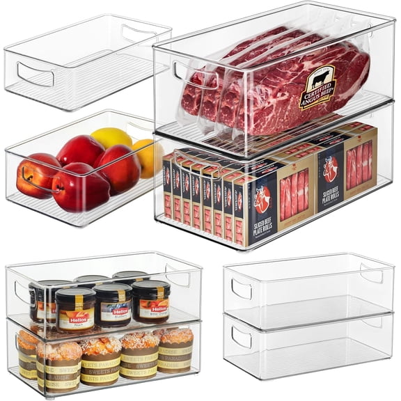 8 Pack Pantry Organizer and Storage, 2 Extra Large Stackable Freezer Organizer Bin, 3 Large Clear Storage Bin and 3 Medium Plastic Container for Home Edit, Kitchen Cabinet, Bathroom Shelf