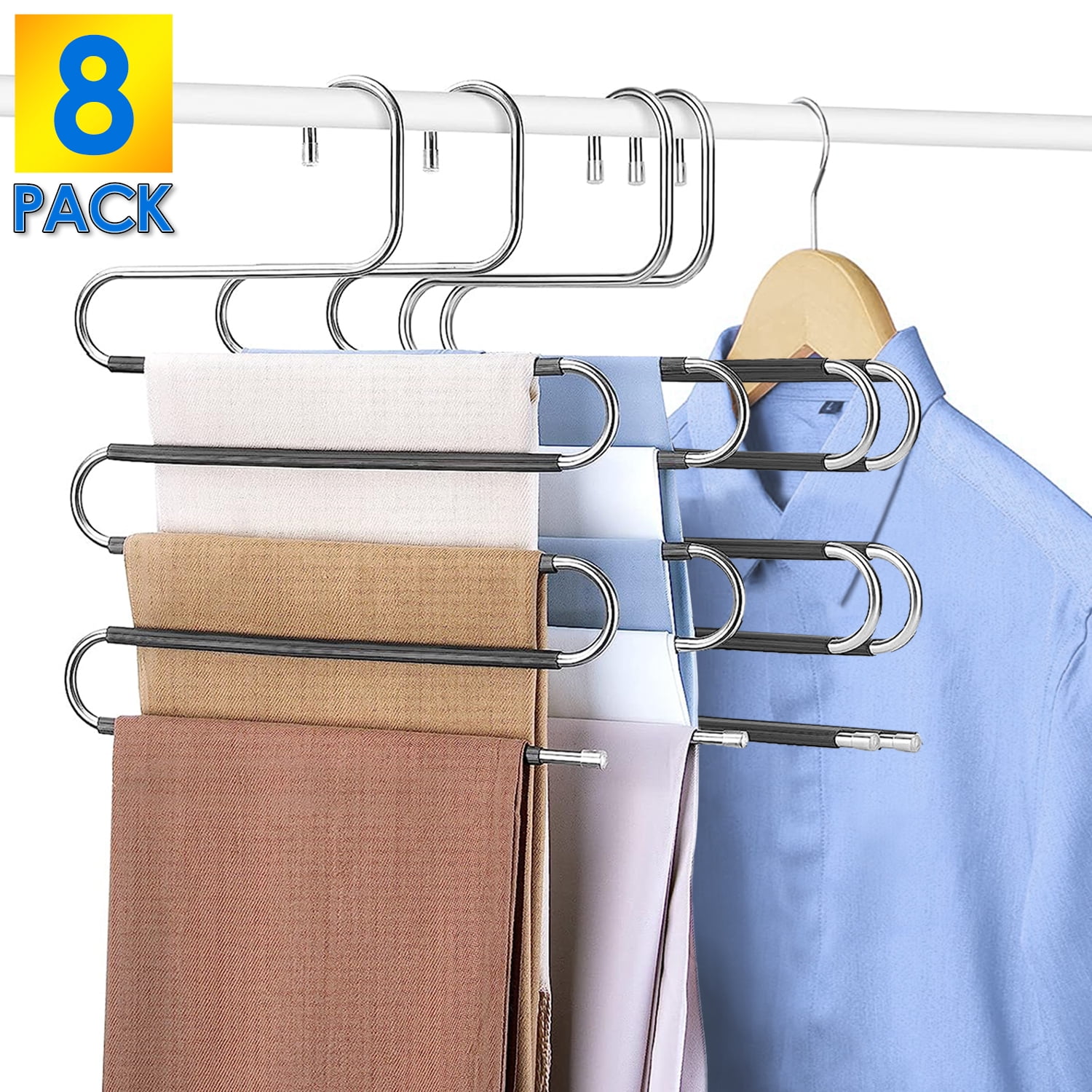 8 Pack Pants Hangers Space Saving, 5 Layers S-Shape Non-Slip Hangers ...