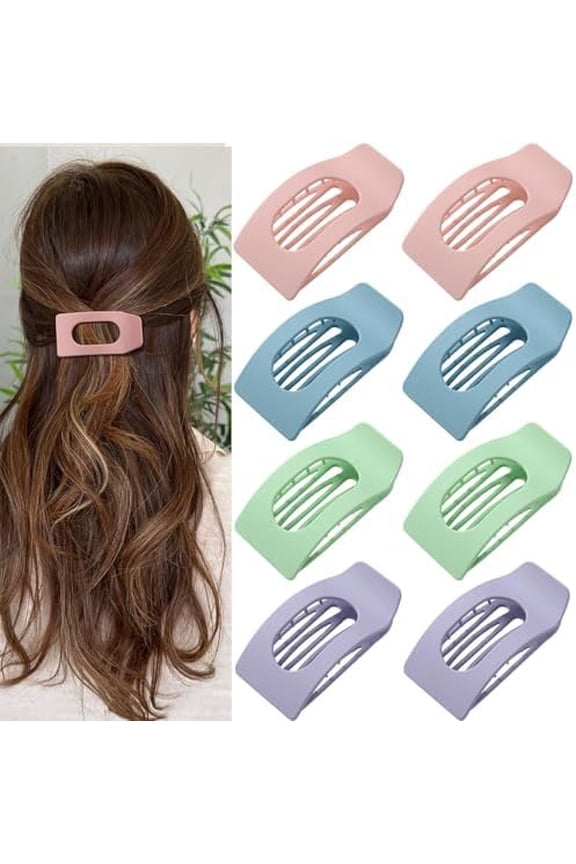 8 Pack Pastel Flat Hair Clips for Girls - Large Cute Matte No-Slip Claw Clips for Thick & Thin Hair , Blue, Green, , Soft Color Aesthetic Hair Accessories for Teen or Preppy Style