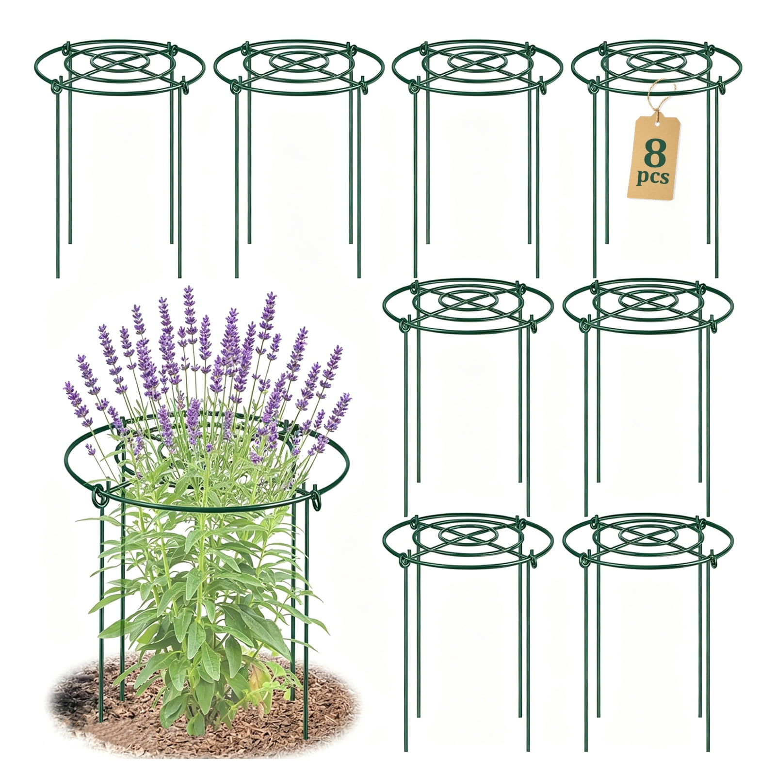 8 Pack Peony Cages and Supports – 11.5" Dia x 16" H Heavy Duty Metal Flower Support Rings for Outdoor Plants, Rose, Tomato, Hydrangea, Strawberry