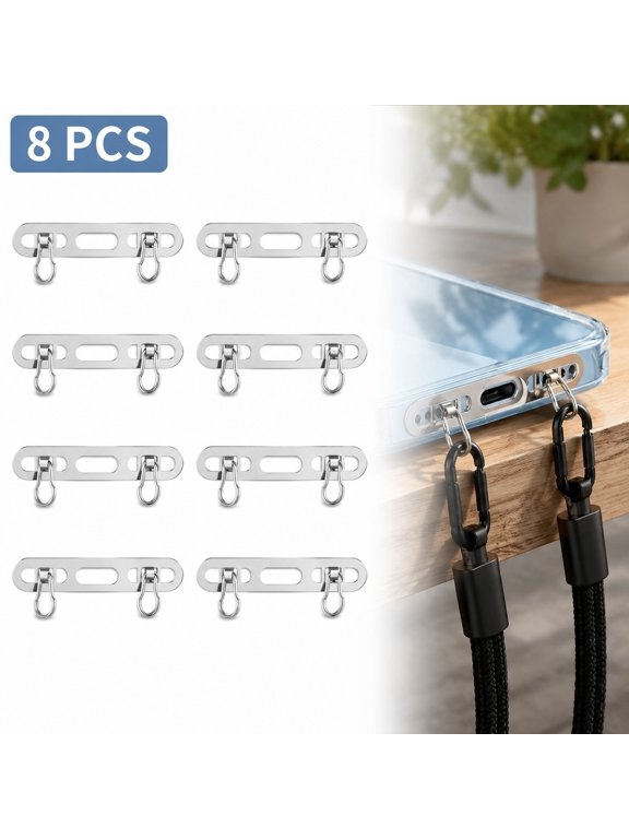 8 Pack Phone Lanyard Tab, Ultra-Thin Stainless Steel Tether Tab with Dual Hooks for Phone Case, Hand Strap & Keychain, Silver