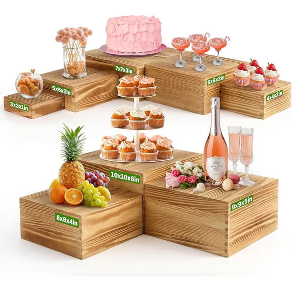 8-Pack Pine Buffet Risers, Multi-Size Nesting Cube Display Stands for Buffet Table & Catering, Hollow Bottoms Risers for Multi-Level Buffet Presentation