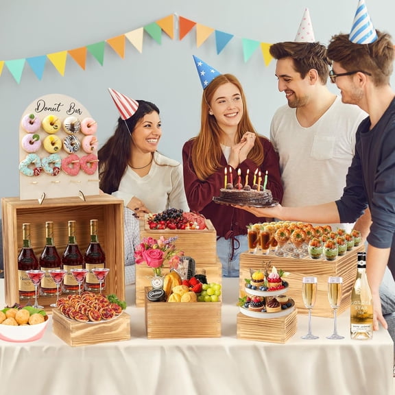 8-Pack Pine Wood Buffet Risers, Multi-Size Nesting Cube Food Display Stands for Buffet Table & Catering, Hollow Bottoms Food Risers for Multi-Level Buffet Presentation