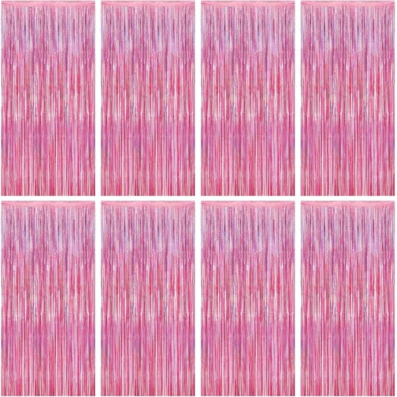 8 Pack Pink Backdrop, 3.28 FT x 7.05 FT Fringe Curtains, Metallic Glitter Pink Fringe Party Streamer Foil Curtains Tinsel Backdrop, Pink Decorations Bachelorette Party Supplies Birthday Decor