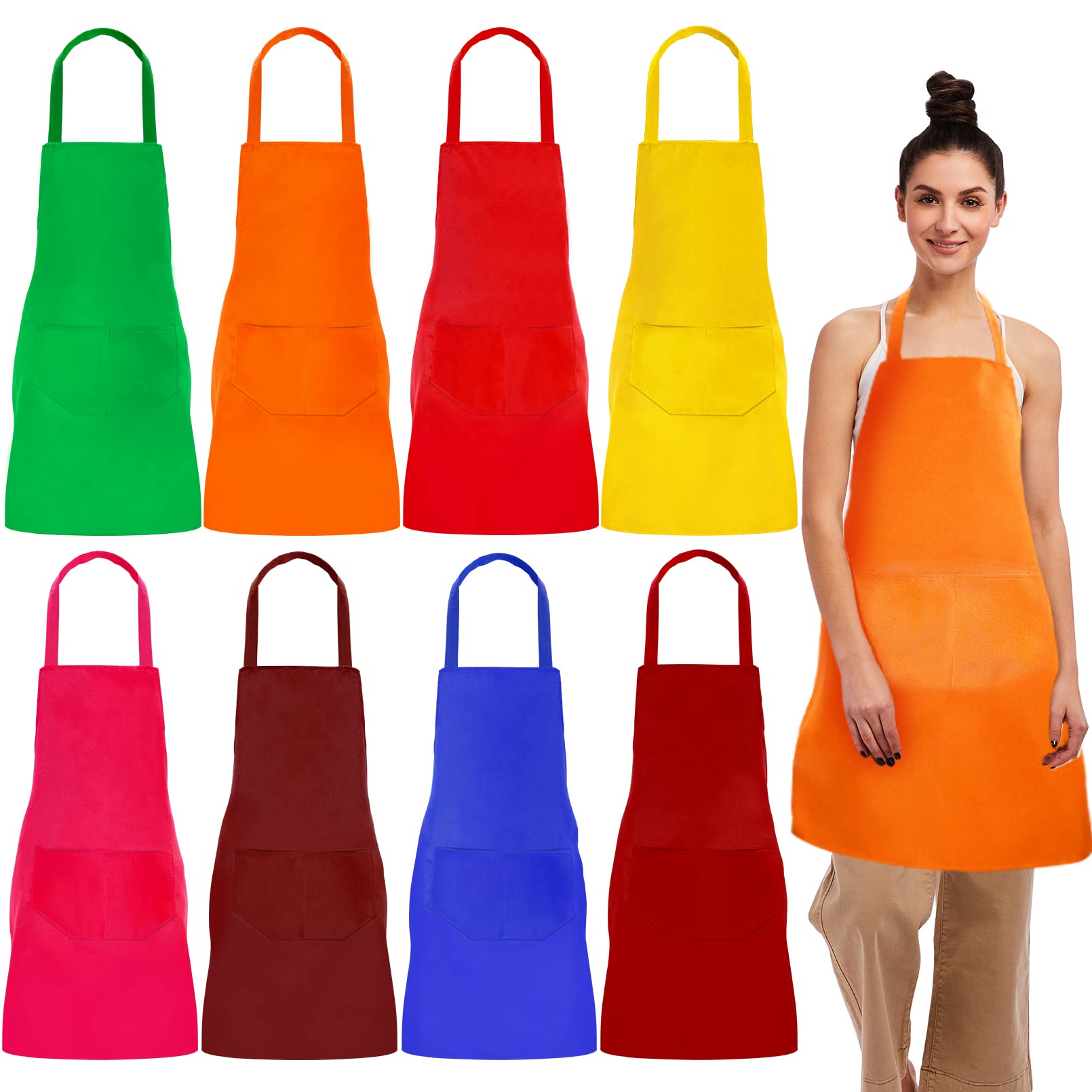 8 Pack Plain Bib Aprons Bulk Mixed Color Aprons with 2 Front Pockets
