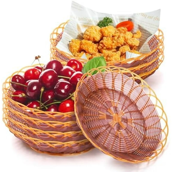 8 Pack Plastic Round Gift Baskets - 10 Woven Bread Roll and Fruit Baskets - Food Storage and Serving Basket Bin for Kitchen, Restaurant, Centerpiece Display, Christmas Gifts