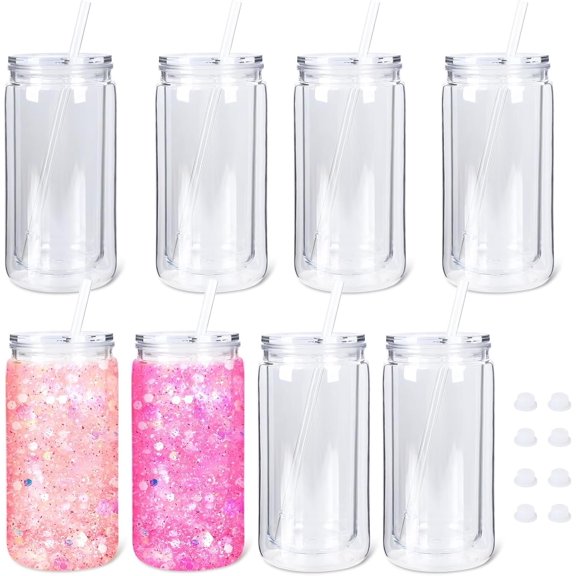 8 Pack Plastic Snow Globe Tumbler, 16 Oz Mason Jar Double Wall Plastic With Lid And Straw, Snowball Sparkling Homemade DIY Snow Globe Cup(Clear)