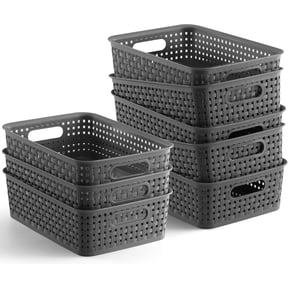 8Pack Plastic Storage Baskets, Gray WovenPattern Organizer Bins with Handles, MultiPurpose Flexible Storage Baskets for Closets, Cabinets, Shelves and Countertops