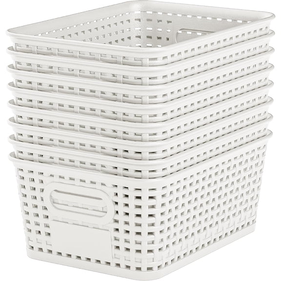 8 Pack Plastic Storage Baskets,White Stackable Storage Bins | 5.3qt Storage Containers with Labels for Organizing Shelves Drawers Desktop Closet Playroom Classroom Office